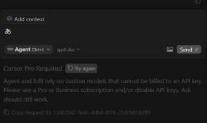 フリープランではAgent/Editモードは使えない⇒Agent and Edit rely on custom models that cannot be billed to an API key. Please use a Pro or Business subscription and/or disable API keys. Ask should still work.