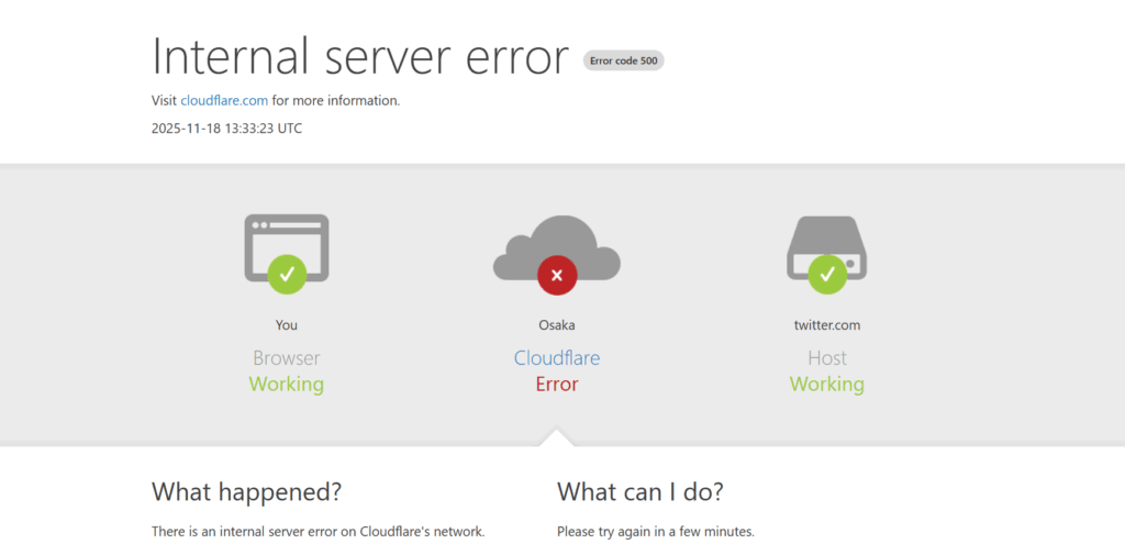 Xを開いたときに出る、このエラーは解決法ナシ。待っているしかない。「Internal server error Error code 500 Visit cloudflare.com for more information.」