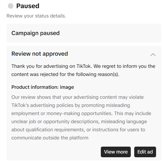 TikTok広告が「Review not approved」…実は“これダメって意味だった”という話