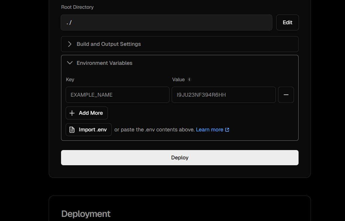 Vercel Environment Variables Settings